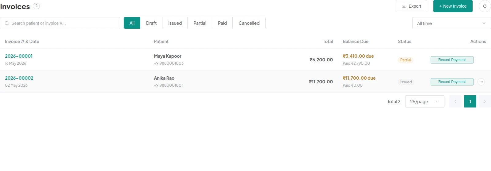 DentOps invoices screen showing partial payment status, balance due, and payment actions.
